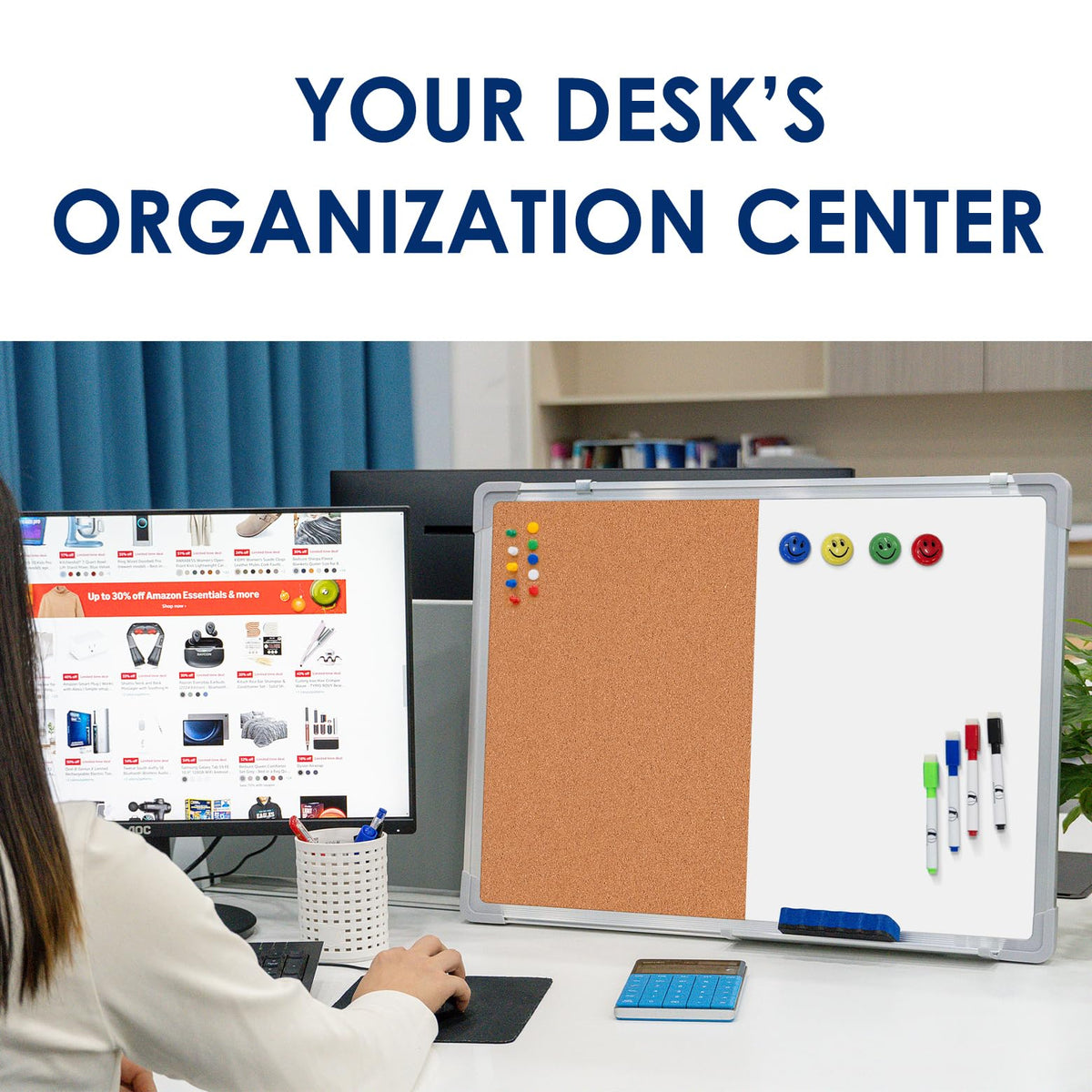 Combination Whiteboard Bulletin Board Set - 24 x 18 in Dry Erase/Cork Board with 1 Magnetic Dry Eraser, 4 Markers, 4 Magnets and 10 Thumb Tacks - Combo Tack Board White Board for Home Office Desk