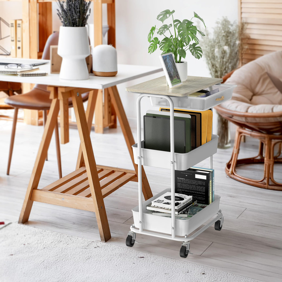 Simple Houseware 3-Tier Rolling Utility Cart with Drawer & Wood Tabletop - Mobile Sofa Side Table, Nightstand, Slim Storage Organizer Trolley for Bedroom, Bathroom, Office & Art Supplies, Maple