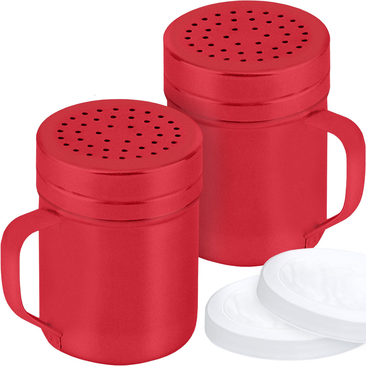 CUSINIUM 10oz Red Stainless Steel Salt Pepper Dredge Shakers - With Plastic Cap - With Handle - Pack of 2