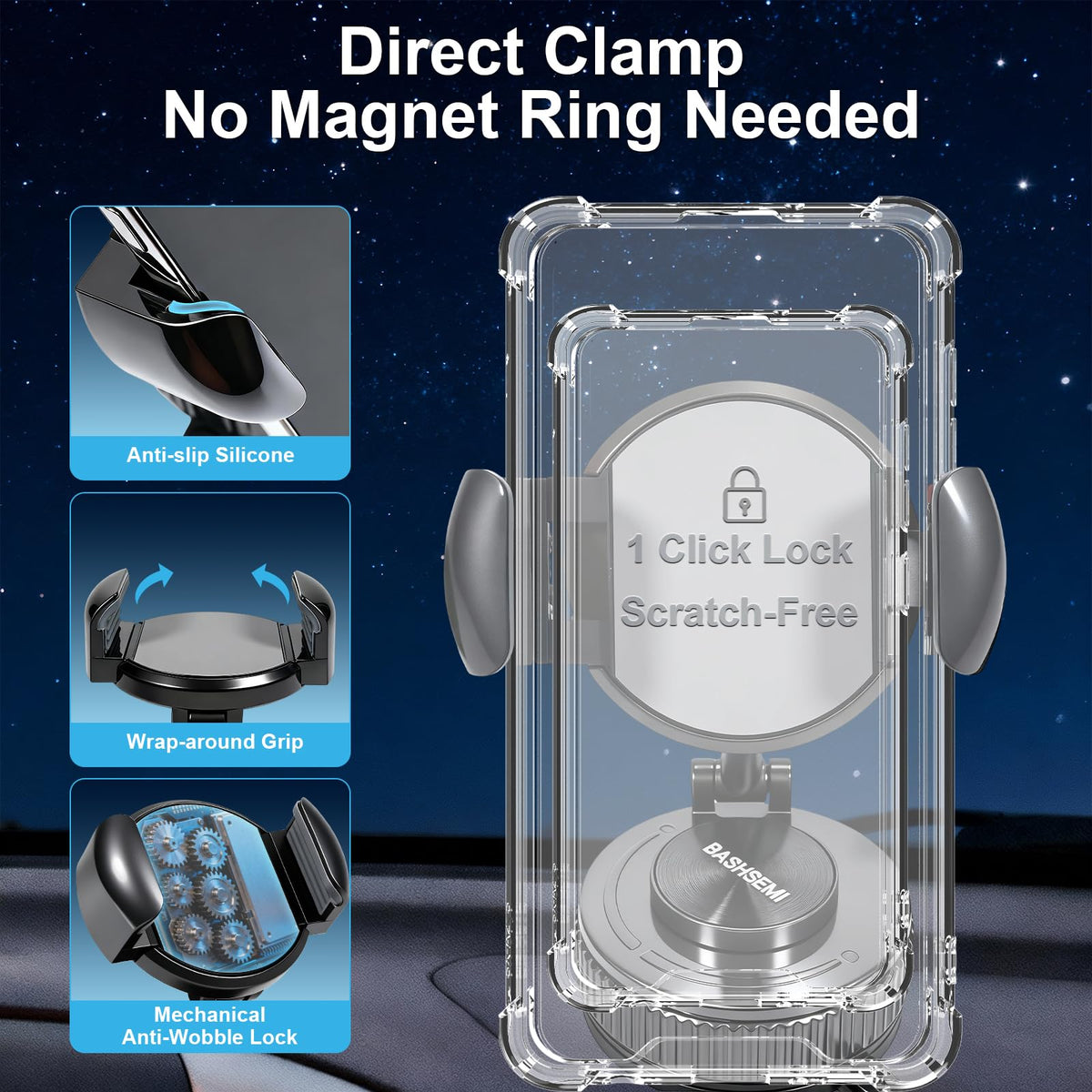 BASHSEMI Windshield & Dashboard Rotate-Lock Phone Mount – 360° Rotate Folding Car Phone Holder with Strong Suction Base & Adjustable Arm for Smartphone