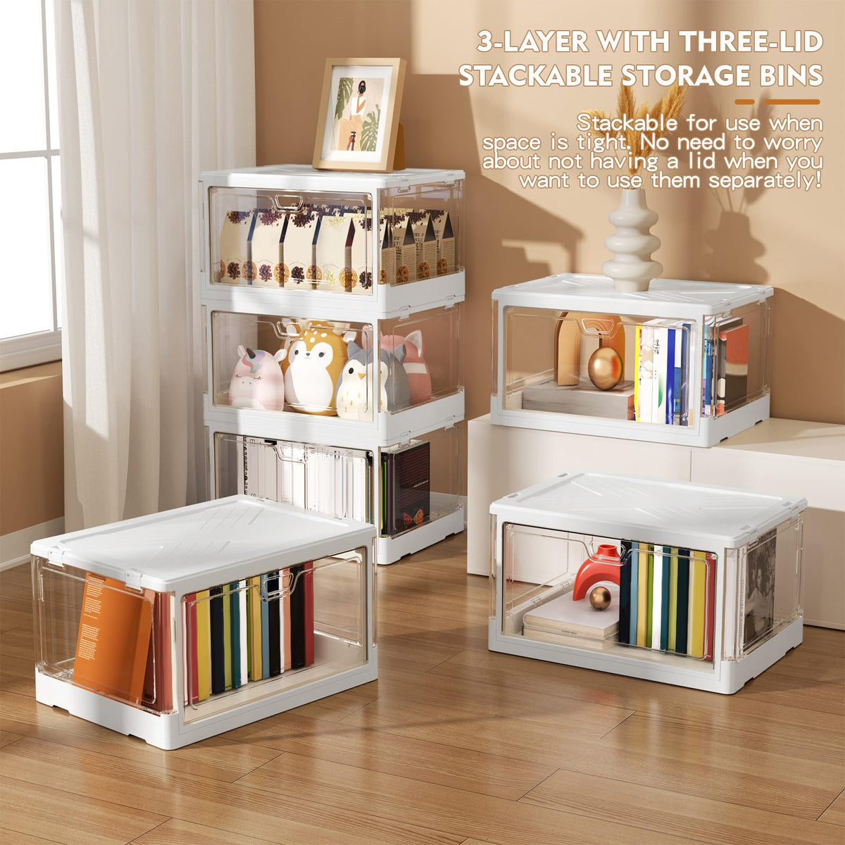 Kmiectse Clear Storage Bin with Lid 3 Pack 【Stackable & Sturdy】 Plastic Multifunctional Folding Storage Bins for Bedroom, Living Room, Study,Room, 23 QT Folding Box with Magnetic Door