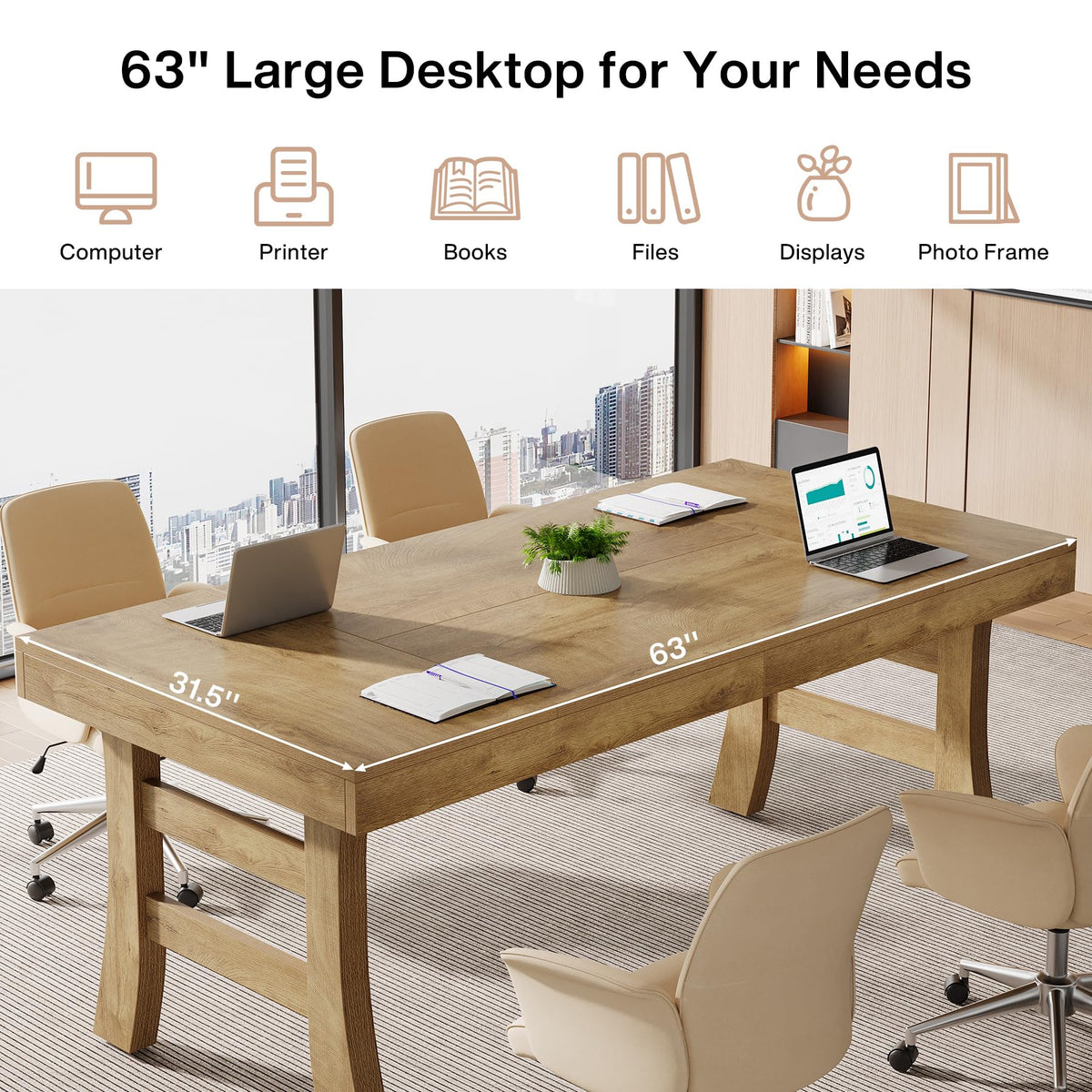 Tribesigns 63-Inch Executive Desk, Large Office Computer Desk with Sturdy Legs, Farmhouse Simple Workstation Writing Study Table for Home Office, Light Brown