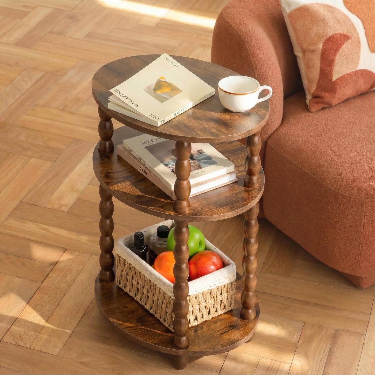 3-Tier Oval Side Table with Solid Wood Legs, Small End Table with Storage Shelves for Living Room Bedroom, Modern Night Stand Accent Table for Small Spaces, Easy Assembly