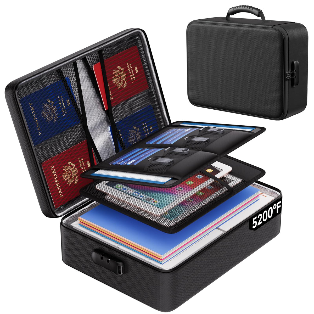 ENGPOW 5200°F Fireproof Document Bag with Lock, Upgraded Heat Insulated Fireproof Box 8 Layers File Organizer, Portable Home Travel Safe Storage for Important Documents,Passports,Laptop, Black(Soft)