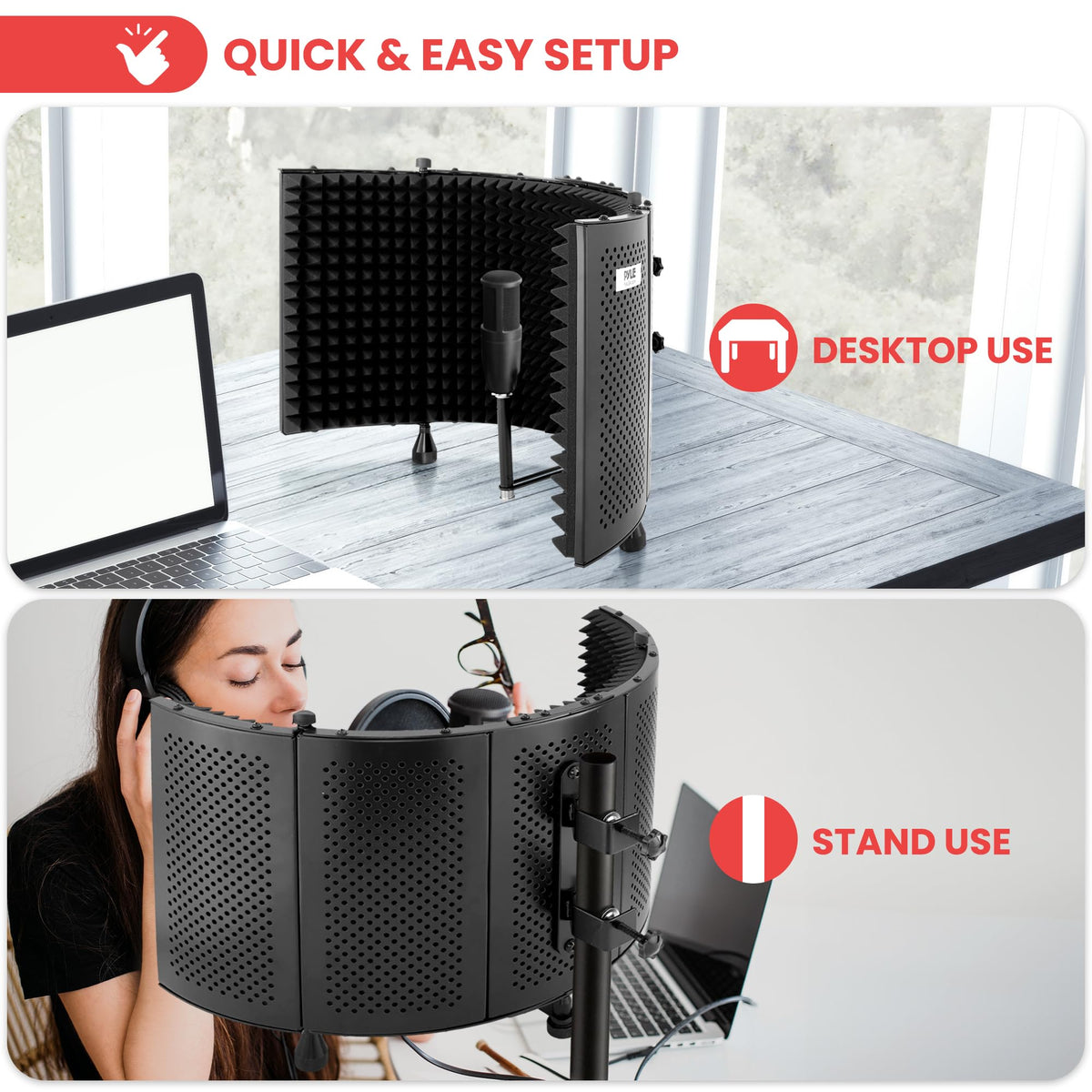 Pyle Microphone Isolation Shield with Soundproof Foam, Portable Vocal Recording Booth for Studio & Podcast, Adjustable Folding Acoustic Panels, Shock Mount, 5/8'' Mic Thread, Easy Setup
