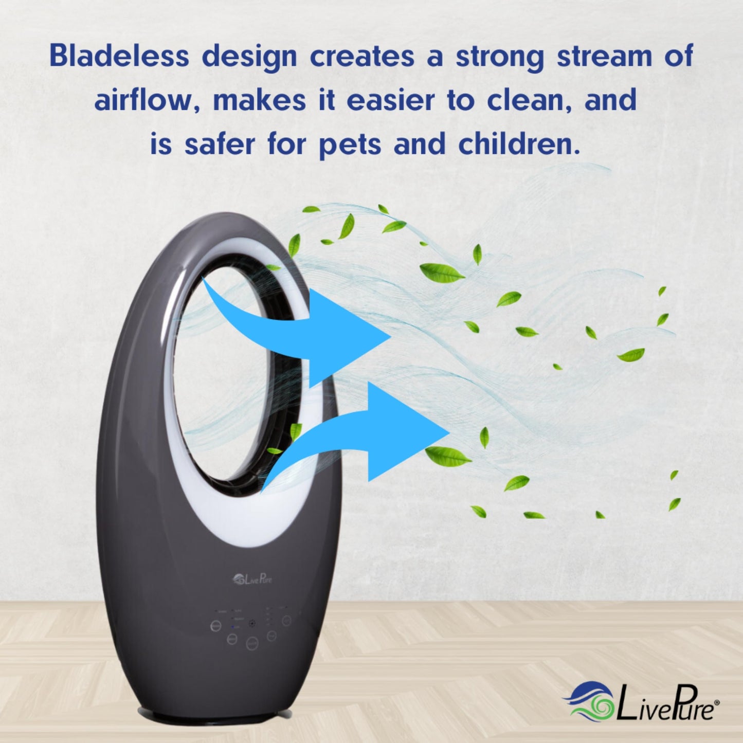 LivePure Bladeless Oscillating Fan w/Filter and Aroma Tray. 3-Speed Adjustment, Touch Control, Quiet Cooling, Stand Up Fan for Bedroom, Office, Kitchen, White