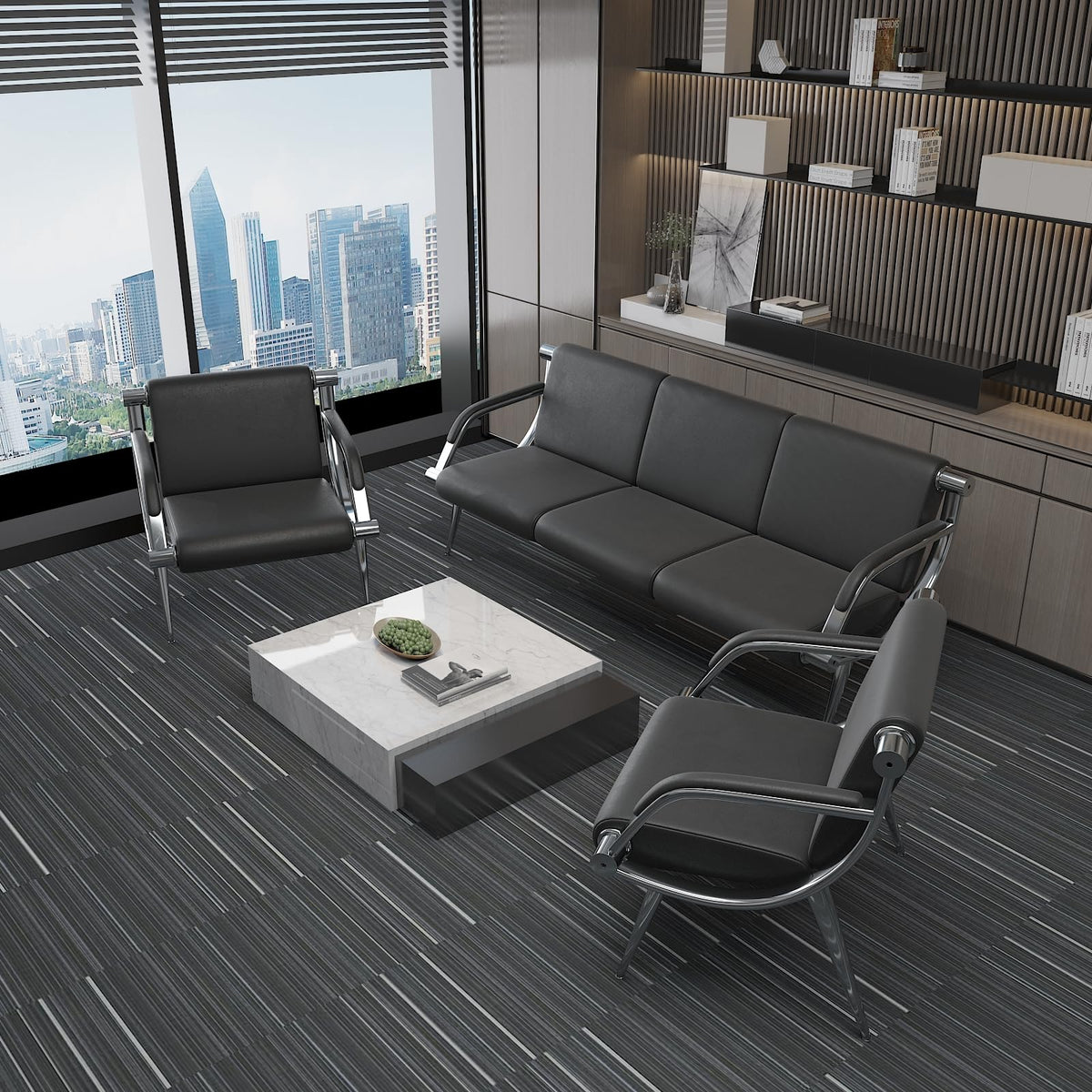 wonline 3 Seat Waiting Room Chair with Armrest PU Leather Office Furniture, Office Guest Seating Lobby Conference Reception Chairs for Airport Clinic Hospital Bank Salon Barber(Black)