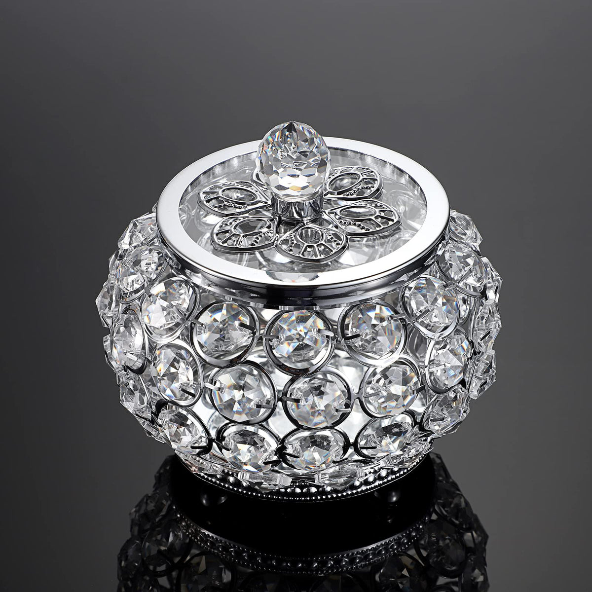 Hipiwe Crystal Jewelry Box with Glass Lid Small Trinket Organizer Mirrored Treasure Box Ring Holder Earrings Necklace Storage Box Keepsake Gift Box for Home Dresser Decor, Silver