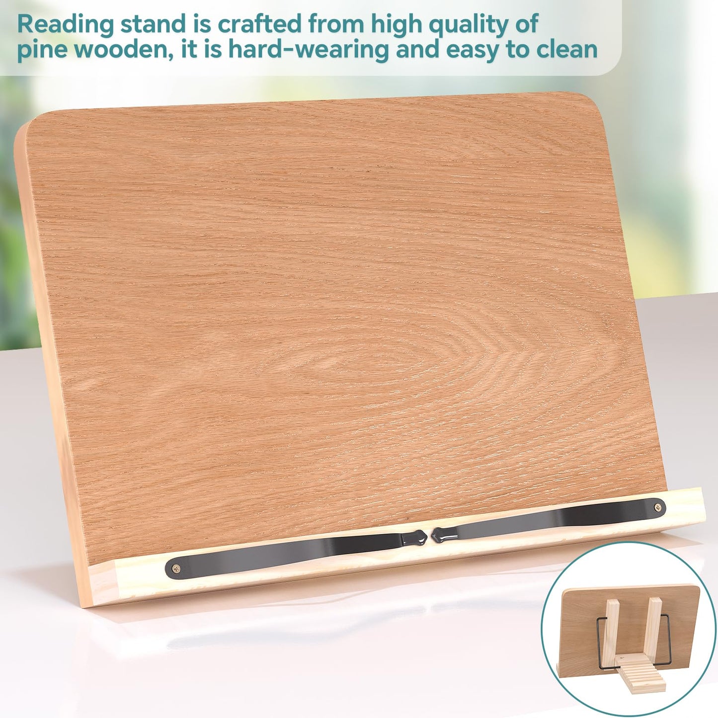 Book Stand for Reading,8 Adjustable Height Holder Tray with Page Clips for Textbook/Cookbook/Music Scores/Tablet/,Lightweight Reading Hands Free Desktop Document Book Mount,Bamboo Holder-Oak Brown