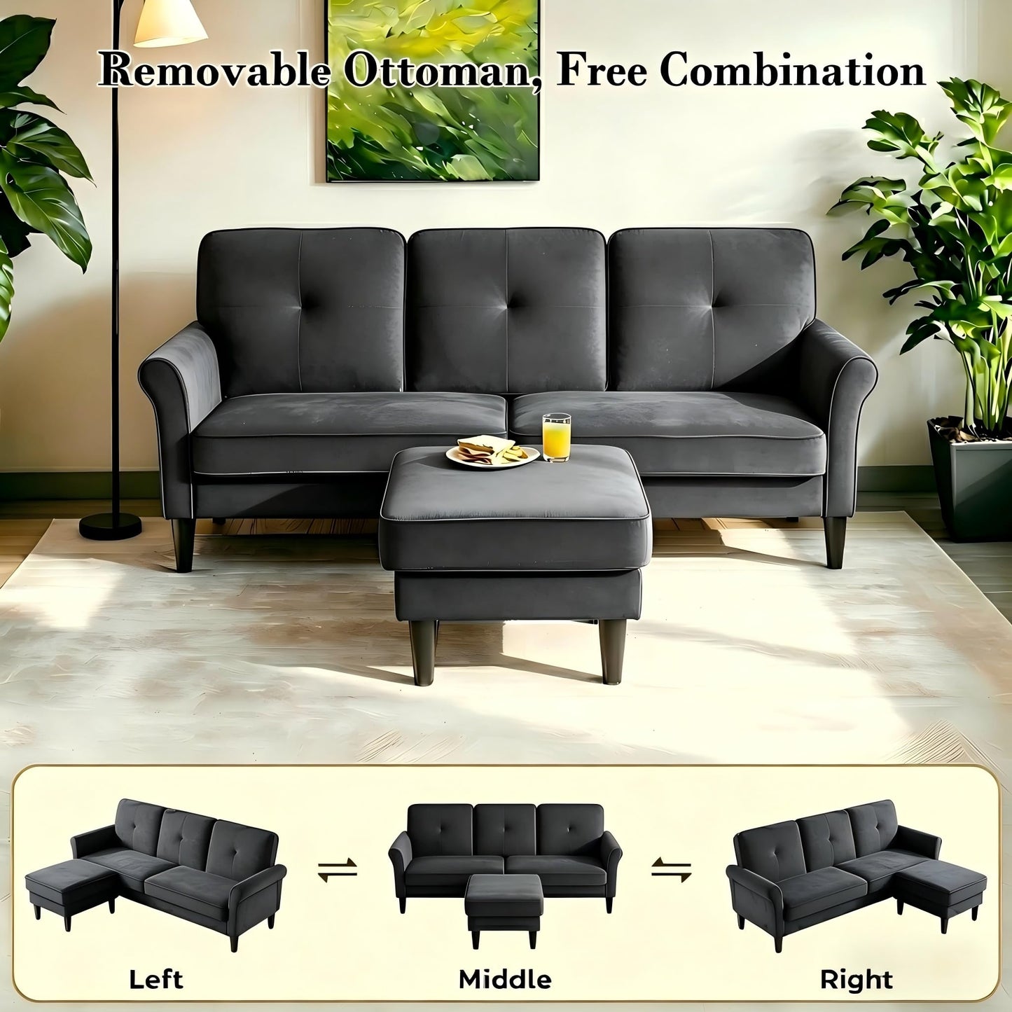 Welzona Sofas for Living Room, 83" Velvet Sectional Couch with Moveable Ottoman, Midcentury Modern Small Sectional Couch, L Shape Sofa & 3 Seater, Couches for Living Room, Apartment, Bedroom, Grey