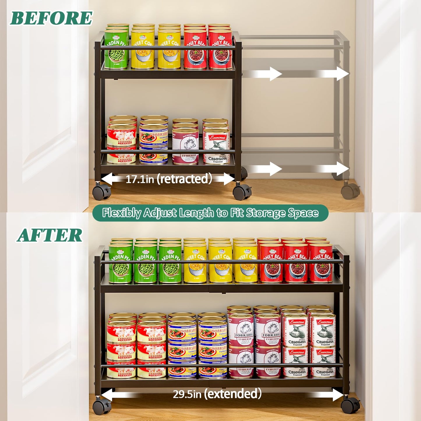 2-Tier Expandable Rolling Pantry Cart with Wheels, Adjustable Floor Organizer for Kitchen Pantry, Can Organizer for Pantry, Storage Cart for Snack, Food, Vegetables, Black, Patent Pending