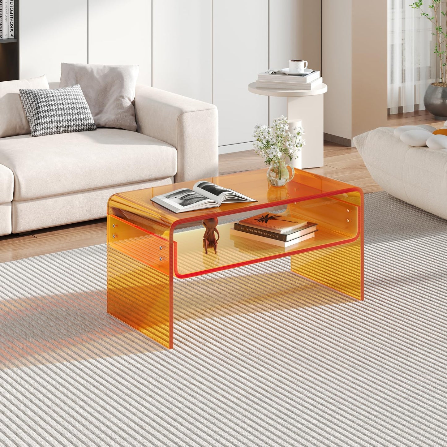 XOHYW Acrylic Coffee Table, Orange Rectangle Side Table Furniture, Modern Tea Table with Open Storage for Living Room, Office Reception and Bedroom