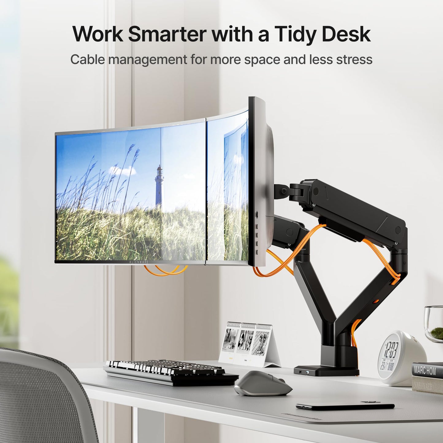 monTEK Dual Monitor Mount with USB Monitor Arms for 2 Monitors for 17 to 35 Inch Curved Screen Holds 35 Lbs Adjustable Heavy Duty Monitor Desk Mount Cable Management, VESA 75/100mm