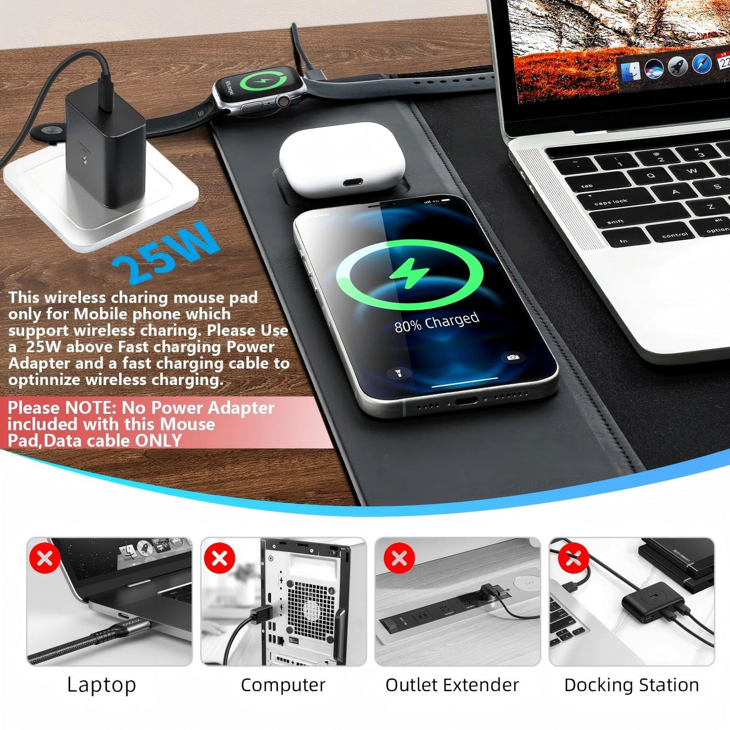 VOVIPO 3 in 1 Wireless Charging Mouse Pad, Gaming Mousepad with Wireless Charger Multiple Devices Compitable with Watch/iPhone/Airpods, Large Desk Mat 90 x 40cm,Desk Pad for MacBook, PC, Laptop-Black
