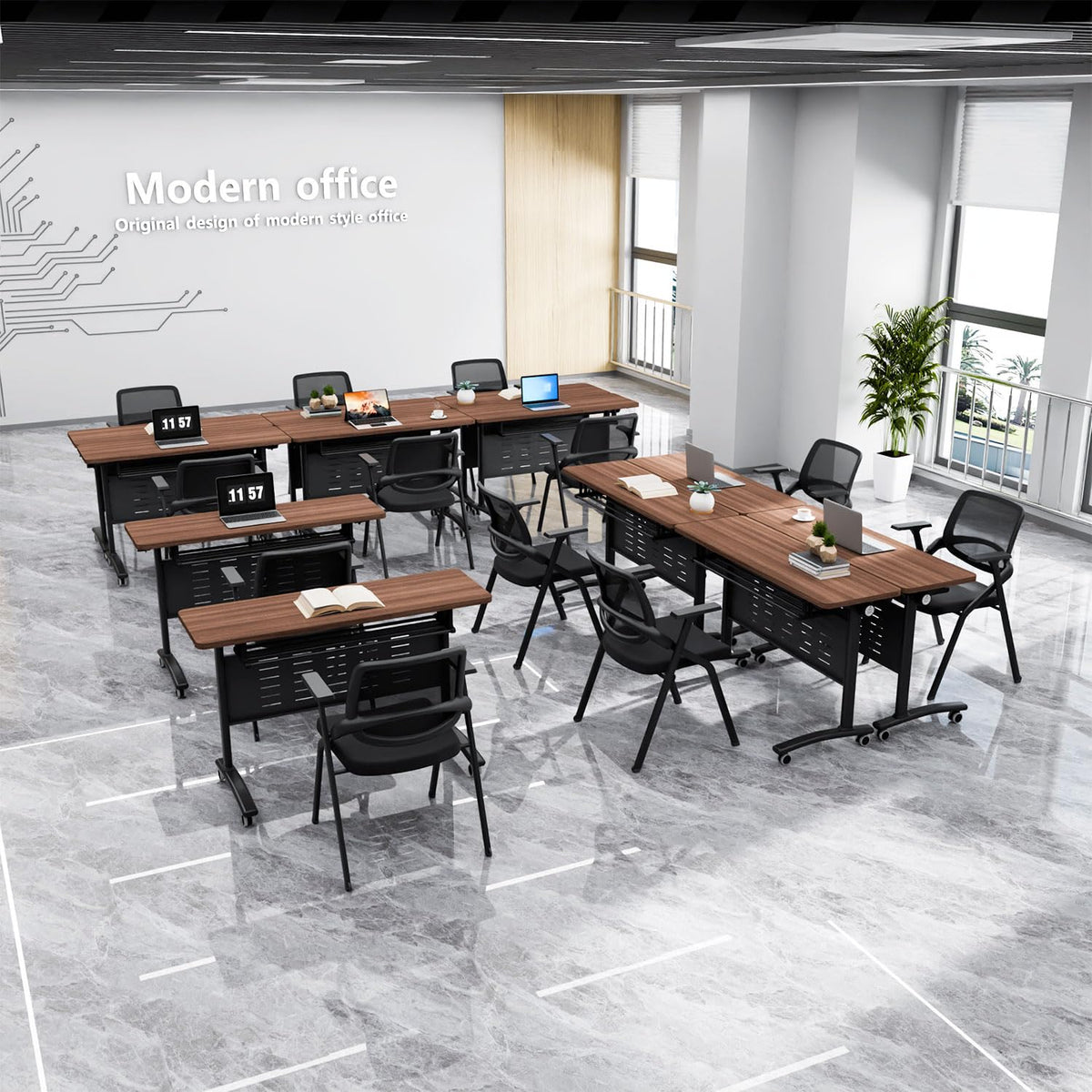 Folding Conference Room Table, Modern Conference Tables with Wheels for Office Classroom,Flip-Top Training Table Water-Resistant P2 Particle Board & Anti-Corrosion Alloy Frame (2, Walnut-Small, 47.2)