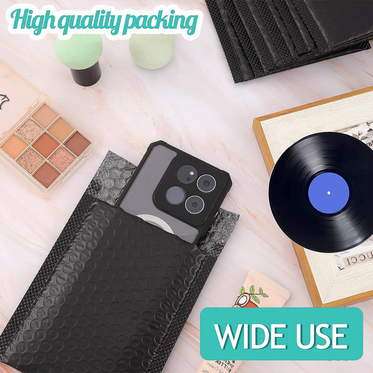 PLMMOUT 50 Pcs Bubble Mailers,Black Bubble Envelopes,Waterproof Self Seal Adhesive Shipping Bags,Poly Padded Envelopes,Bubble Padded Cushion Envelopes for Mailing Packing Small Business