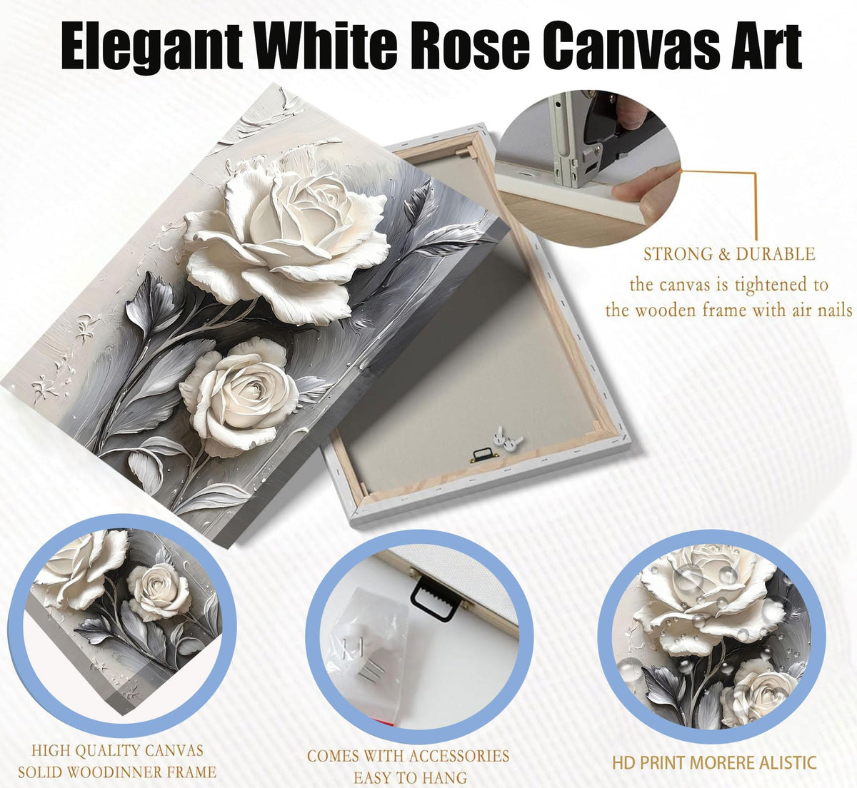 Elegant White Rose Canvas Wall art Modern Abstract Floral Wall Decor Picture White Blooming Flowers Poster Print Painting for Office Living Room Bedroom Bathroom Home Decorate Prepare To Hang