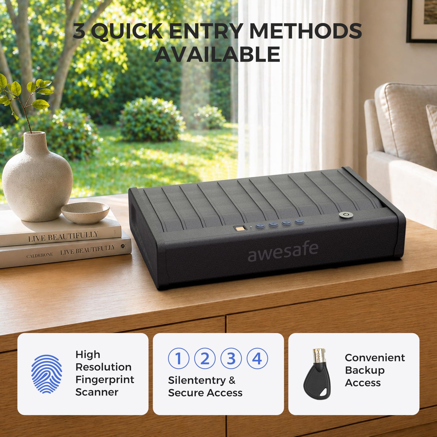 awesafe Biometric Gun Safe for Pistol, 3 Ways Quick Access with Fingerprint Digital PIN Key, Portable Handgun Safe for Nightstand Bedside Cloakroom Living Room (XL Biometric Gun Safe with Fingerprint)