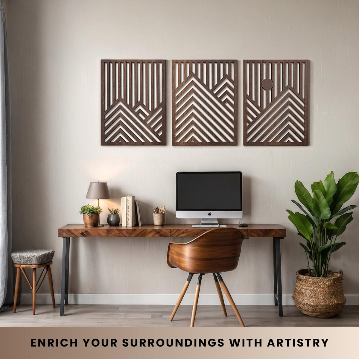 qmmp Modern Wooden Wall Sculptures - Set of 3 - Home Decor Accent - Large Wall Art for Living Room, Bedroom, Office - Easy Installation (Walnut, Large - Mountain and Sun, Unframed)