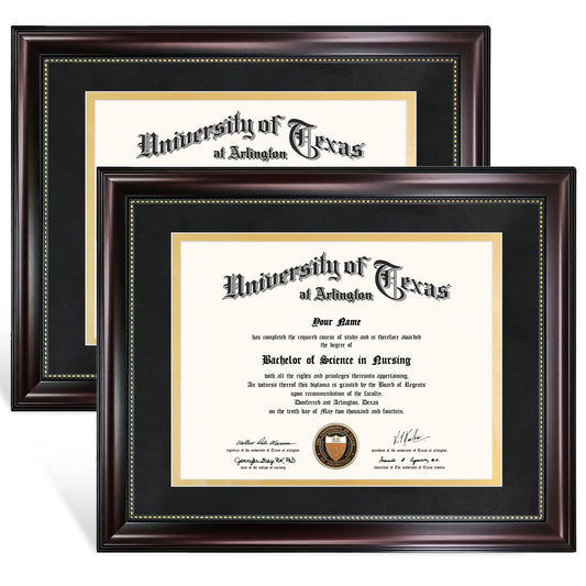 GraduationMall 8.5x11 Diploma Frame with Black over Gold Mat or Display 11x14 Document without Mat, UV Protection Acrylic, Mahogany with Gold Beads, Set of 2