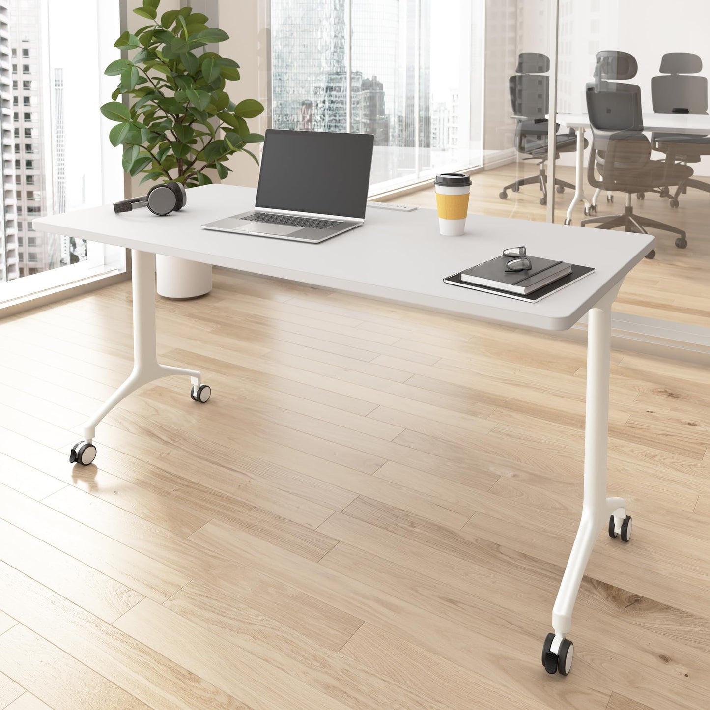 Bush Business Furniture 60-inch Rolling Rectangle Conference Room Table, Modular Training Table with Wheels for Meetings and Classrooms, Commercial Office Furniture, Synergy Collection, White