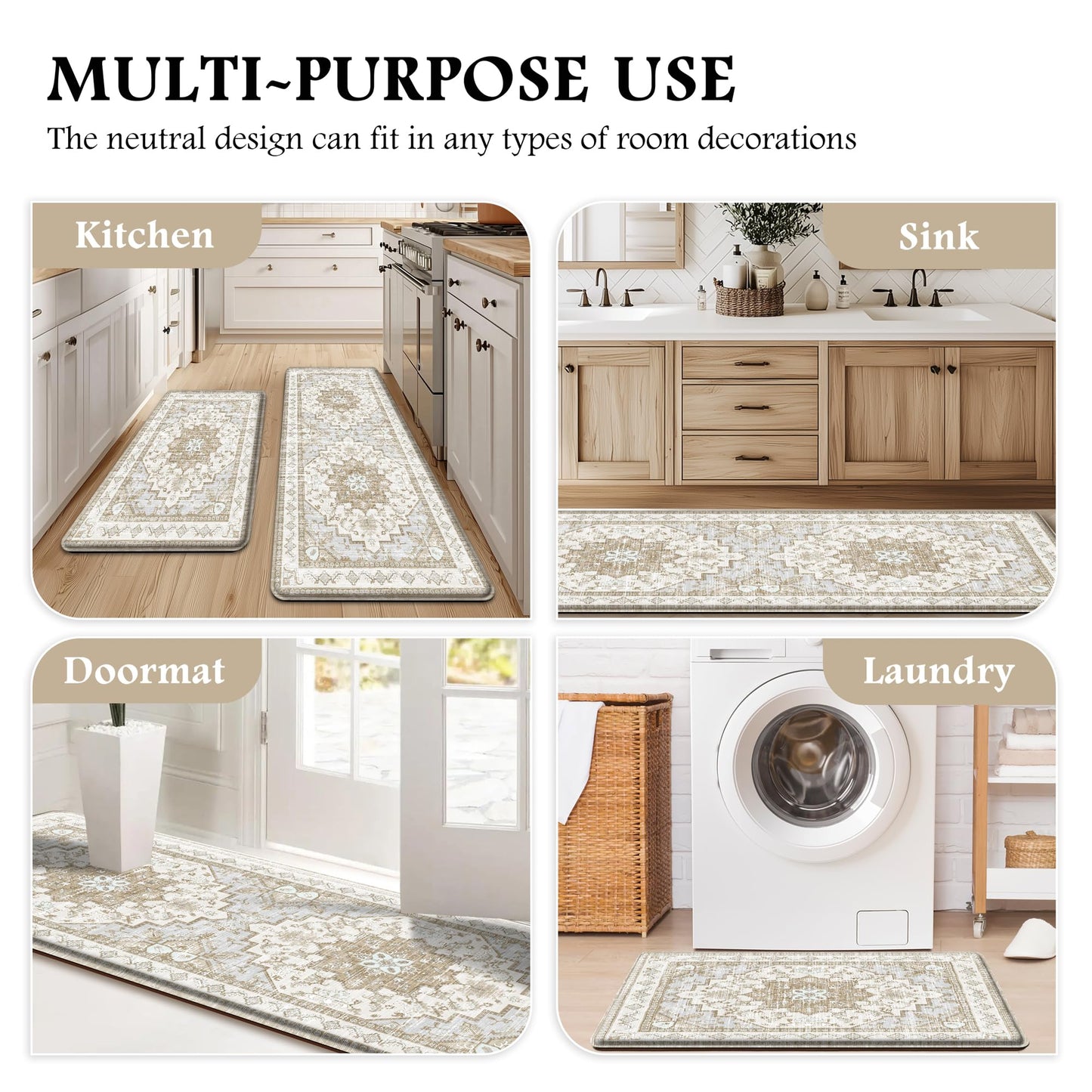Boho Kitchen Mats for Floor 2 Piece Set Anti Fatigue Cushioned PVC Kitchen Rugs Non Slip Waterproof Farmhouse Mats 2/5 Inch Comfort Standing Mat for Sink, Laundry, 17.3"x47"+17.3"x28", Beige Tan