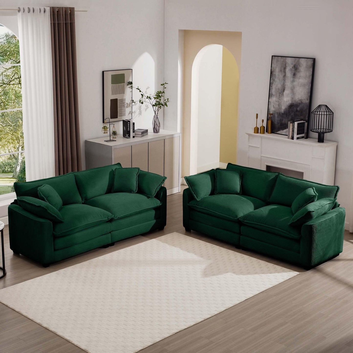 KEIKI 2-Piece Sofa Set with 2 Oversized Corduroy Loveseat Sofa, Upholstered Modern 4-Seater Corner Couch Set with 8 Pillow, High-Density Foam Cushions, Removable Armrests, for Living Room, Green