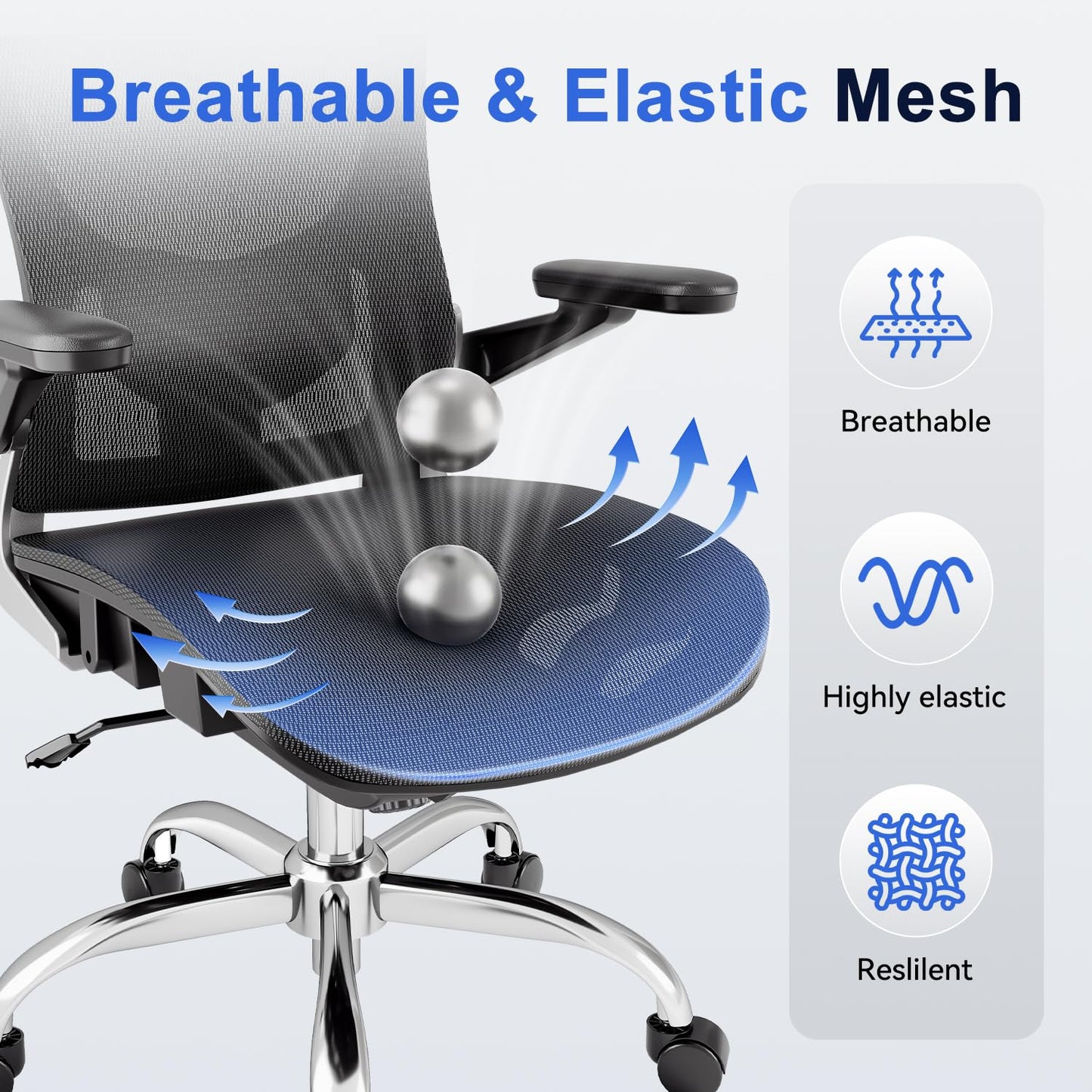 marrap Ergonomic Office Chair, Mesh Seat Cushion with 3D Armrests and 3D Headrest, Adjustable Lumbar Support with 90-120° Rocking Function, Black