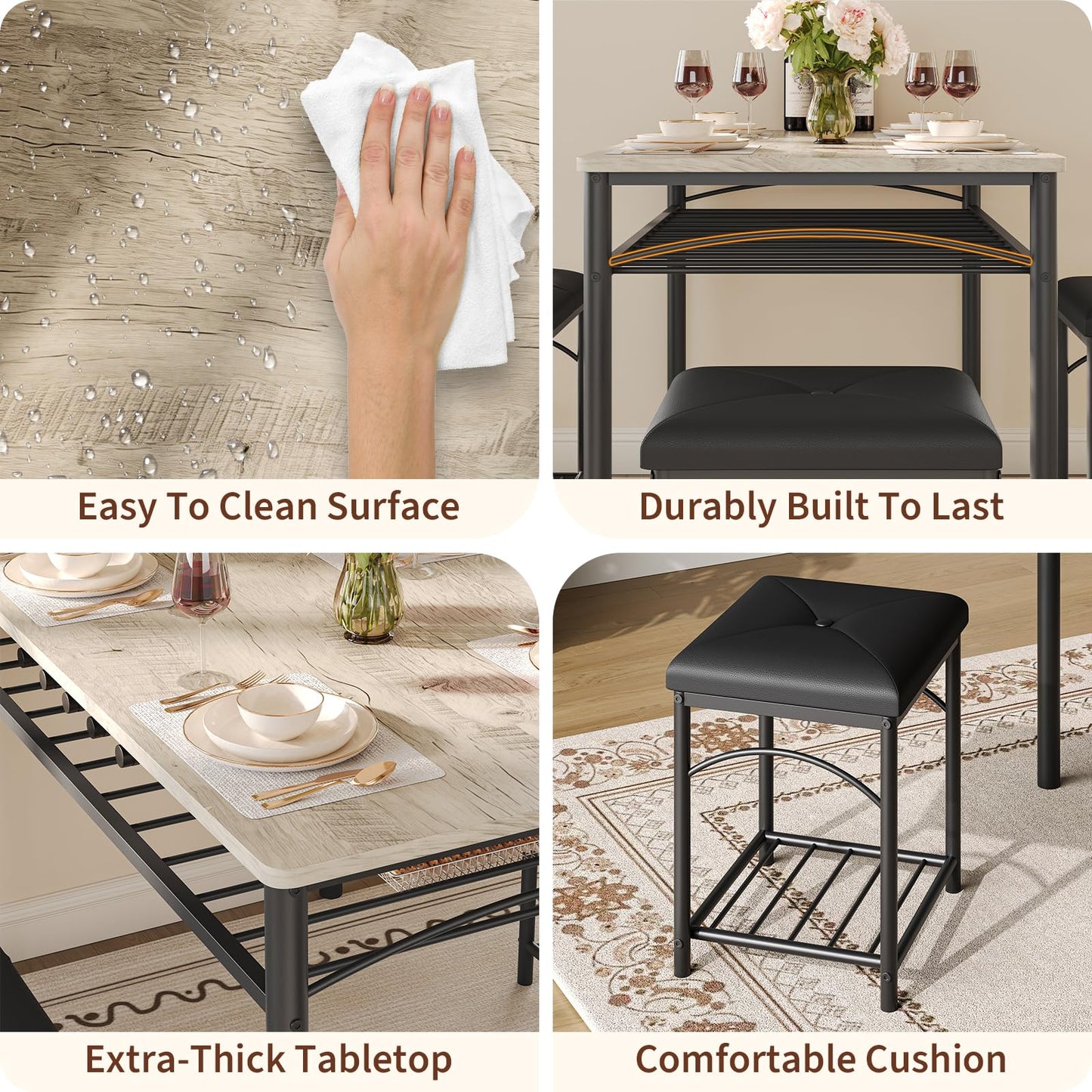 Hetoy Space-Saving 4-Piece Dining Table Set – Modern Table with Upholstered Bench & 2 Stools – Strong Wood & Metal Frame, Storage Shelf, Great for Small Dining Areas – Teak Oak Top + Black Legs