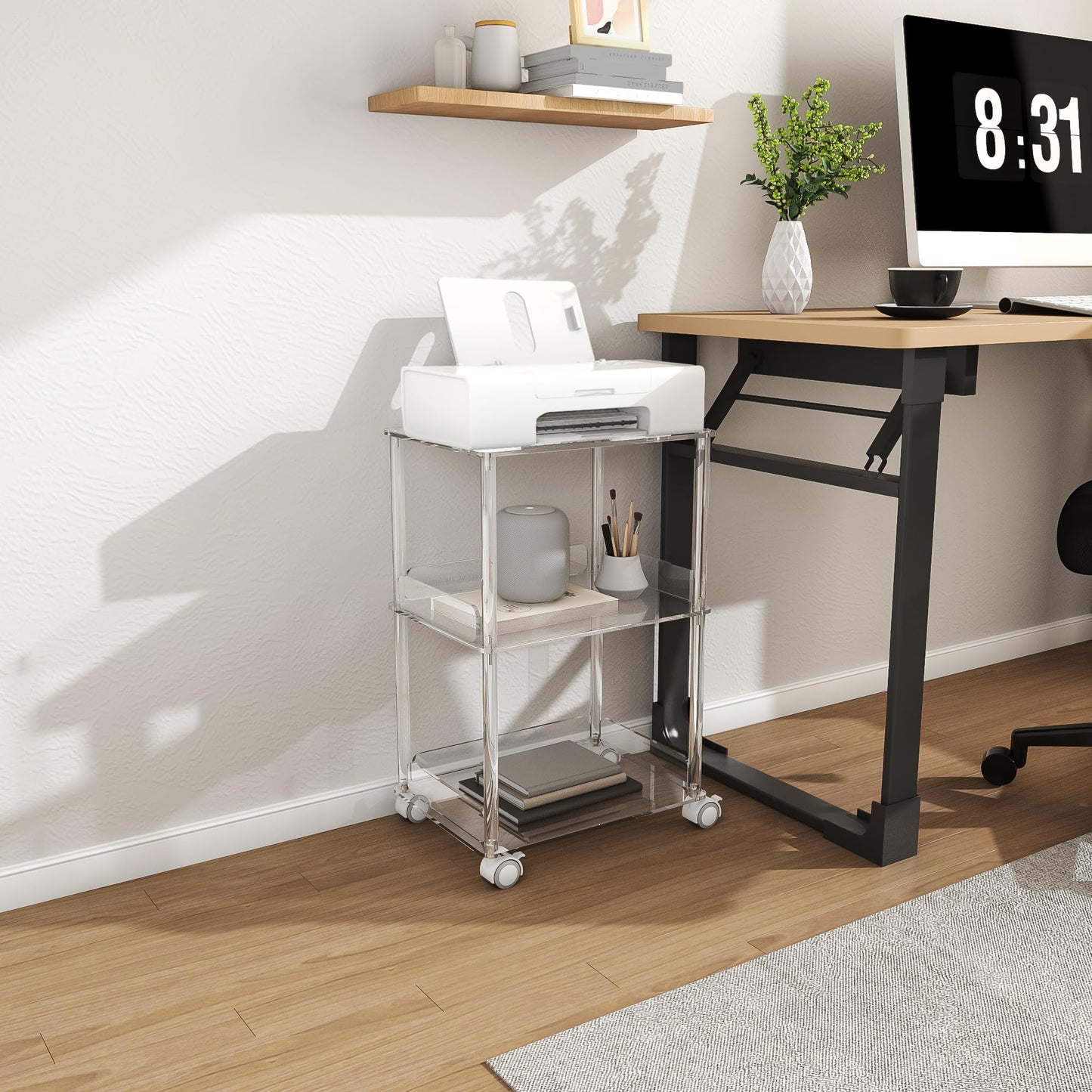 HMYHUM Acrylic Printer Stand, 3 Tier Clear Printer Cart with Lockable Wheels, Multifunctional Printer Table for Office & Home, Modern, 15.7" L x 11.8" W x 24" H