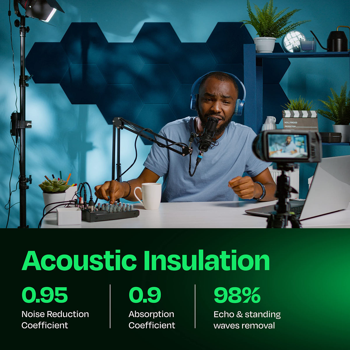 Ekkogo Acoustic Panels 12-Pack Soundproof Wall Panels 12"X10.4"X0.4" Sound Panels High Density Sound Dampening Panels - [Ocean Turquoise Hexagon]