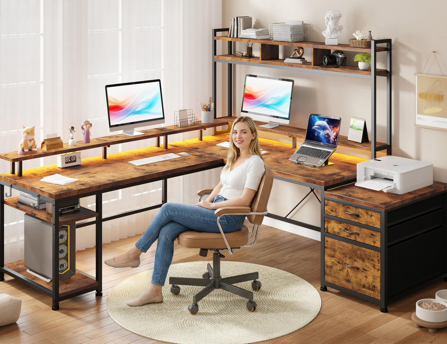 EnHomee 64 x 60 Inch L Shaped Desk with Hutch and Drawers,Reversible Gaming Desk with Power Outlet & Monitor Stand & LED Lights,Computer Corner Desk,Two Person Office Desk for Living,Bedroom,Brown