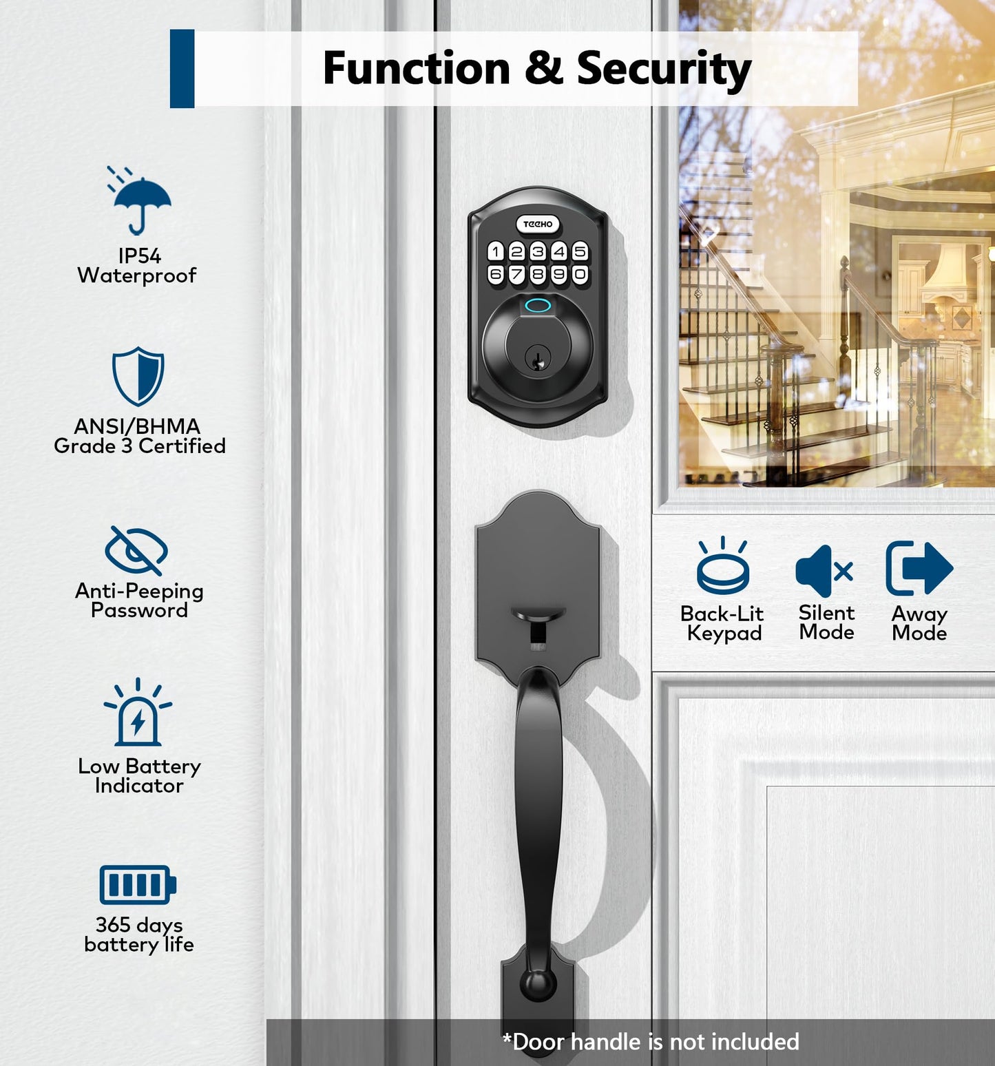 TEEHO TE002 Fingerprint Door Lock - Keyless Entry Electronic Keypad Deadbolt with 2 Backup Keys - Auto Lock - Easy Installation - Smart Locks for Front Door - Matte Black