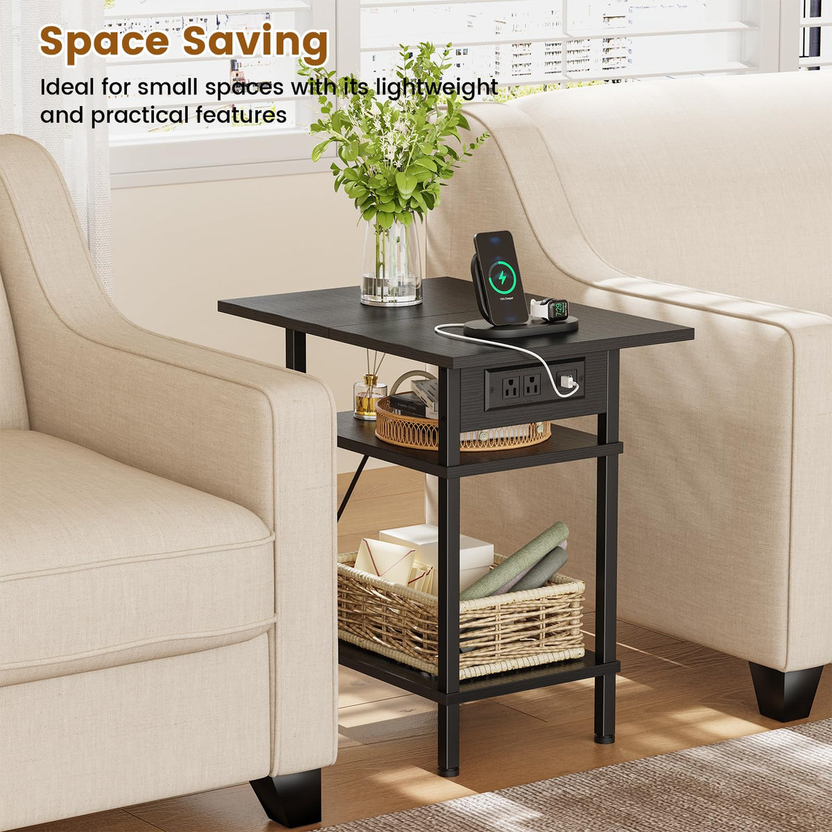 Asgolion Side Table with Charging Station, Skinny Nightstand with USB Ports and Outlets, 3 Tier Narrow End Table with Storage for Bedroom, Living Room, Office, Black
