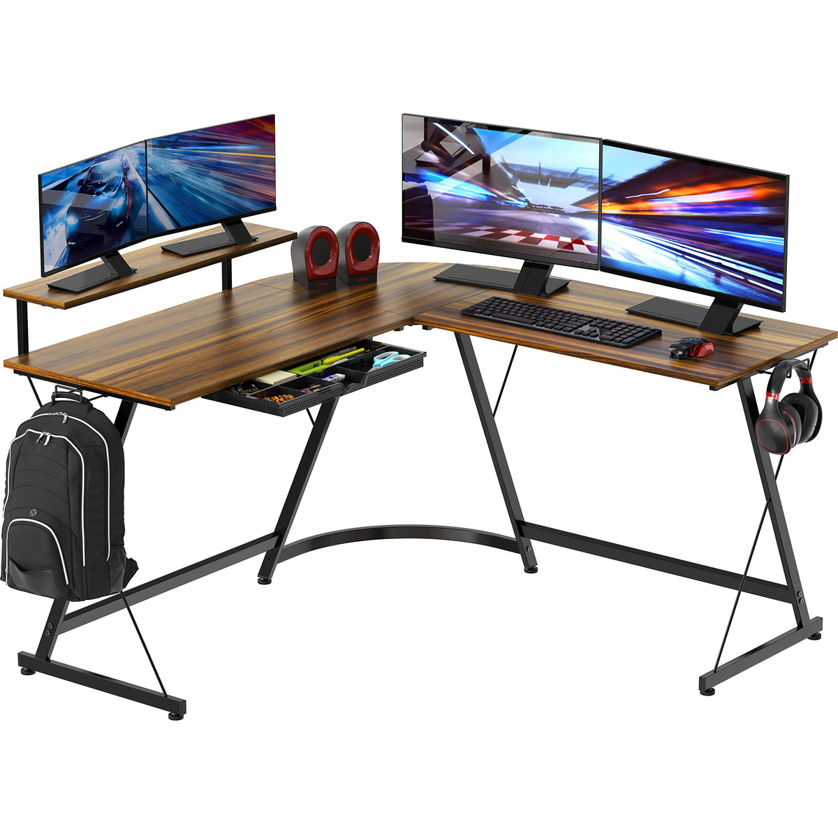 SHW 51 x 51 Inches Vista L-Shaped Desk with Monitor Stand and Drawer, Walnut