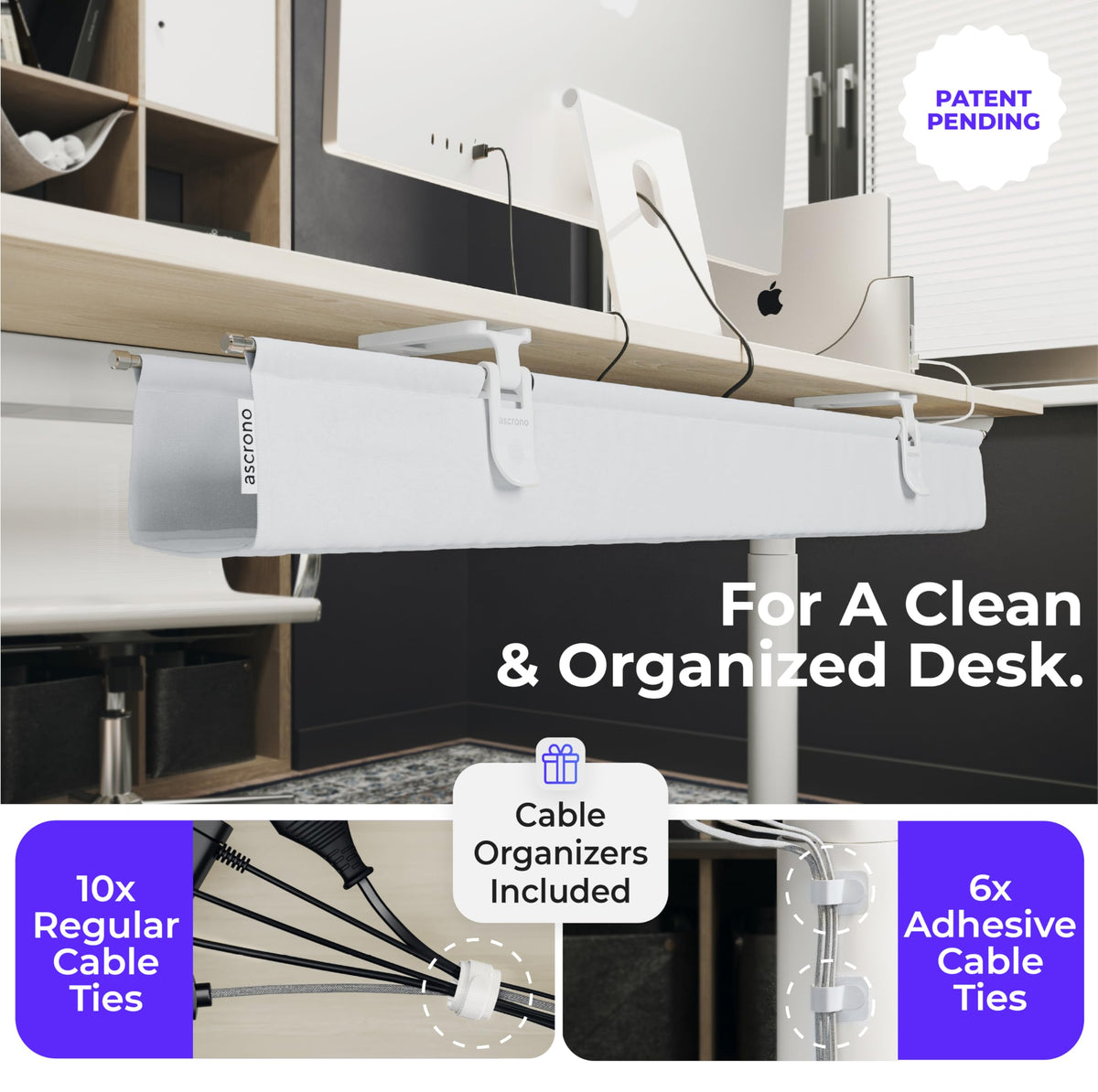 Ascrono Original No Drill Under Desk Cable Management Tray 53.9" - Premium White Fabric Cable Management Under Desk - Clamp/Screw Mount Cord Organizer - Supports Upto 66lbs - Extra Large