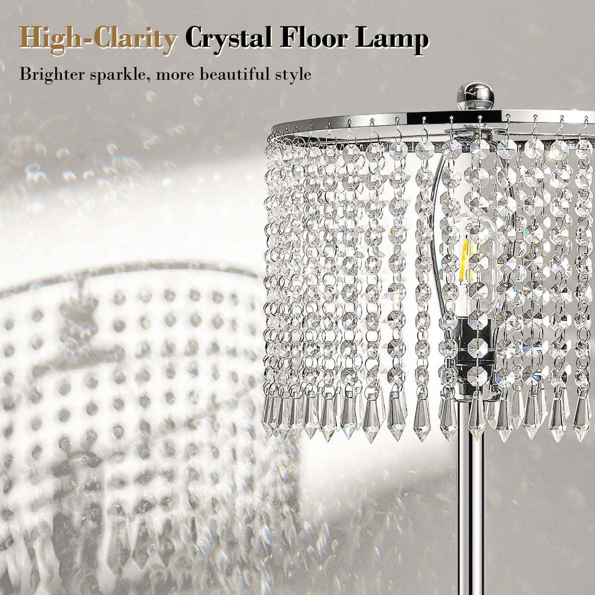 Yemela 【Upgraded】 Dimmable Crystal Floor Lamps for Living Room, 1000LM LED Bulb Included, Standing Lamp with Knob Switch, Tall Silver Modern Floor Lamp for Bedroom Nursery Office Reading