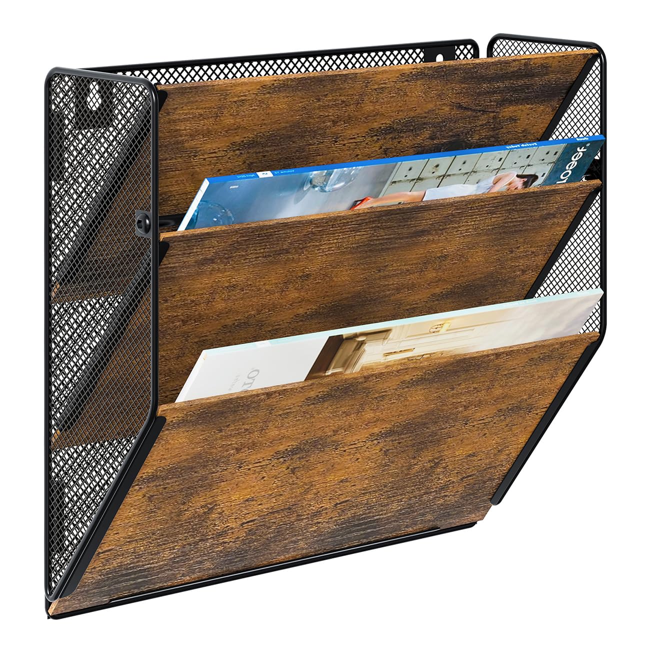 PAG Wall File Organizer for Office, 3-Tier Rustic Hanging File holder Wall Storage Rack for Documents/Magazine/Literature/File Folders/Mails/Envelopes, Brown