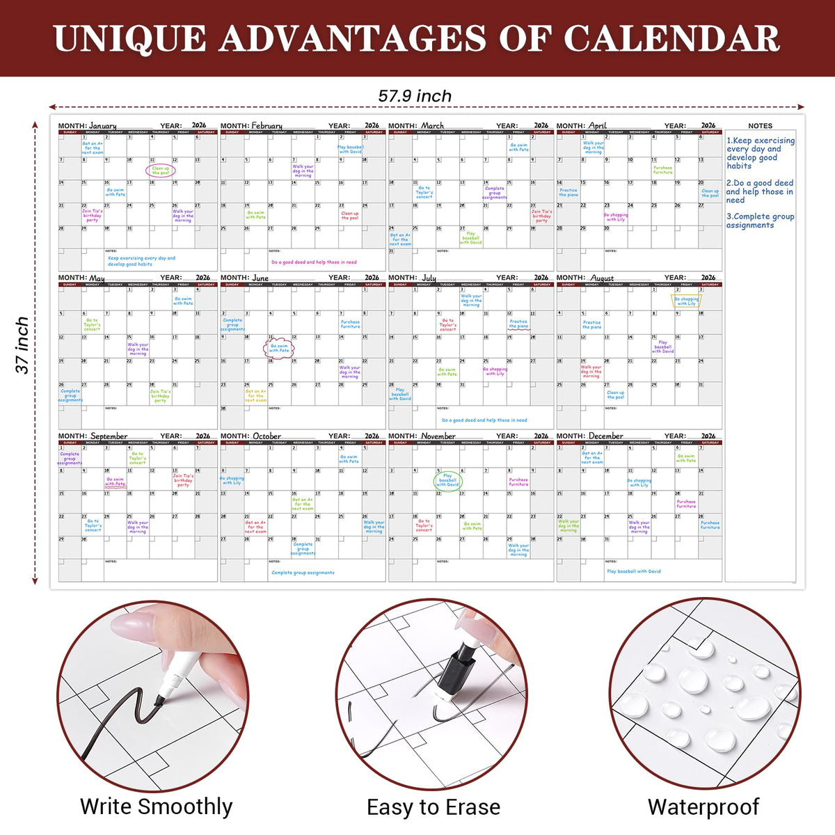 Large Dry Erase Calendar for Wall – Yearly Wall Calendar Dry Erase, 37" x 57.9", 12-Month Undated Erasable & Reusable Laminated Wall Calendar, 15 Round Stickers, Perfect for Home, Office and School - Black With Red