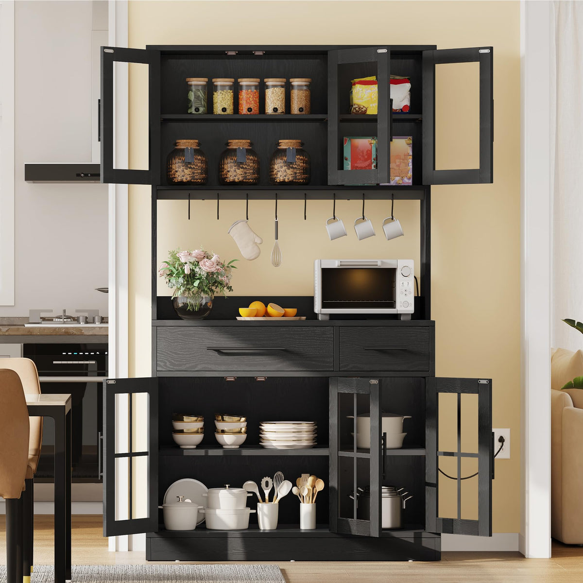 YITAHOME 71'' Kitchen Pantry Storage Cabinet with Microwave Stand, Tall Freestanding Hutch Cabinet with Power Outlet, Pantry Cabinets with Buffet Cupboard, Drawers and Acrylic Doors for Home, Black
