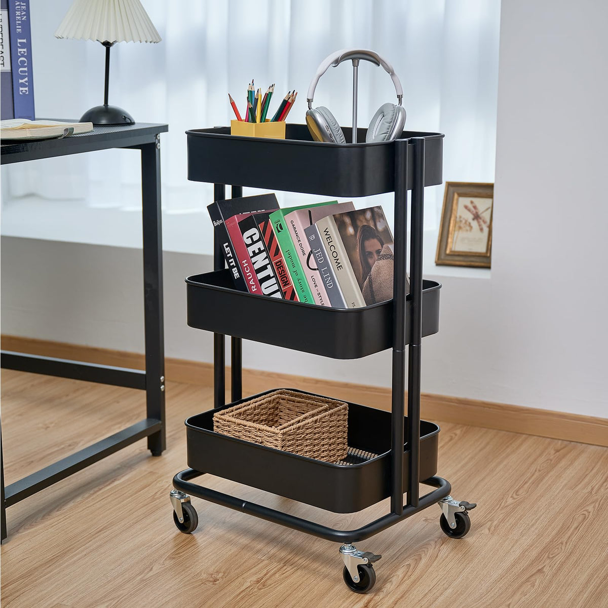 CARTTECH 3 Tier Rolling Cart Metal Heavy Duty Utility Cart with Silent Caster Lockable Wheels Multi-Functional Organization Carts Storage Trolley with Mesh Shelves for Office Kitchen Living Room Black