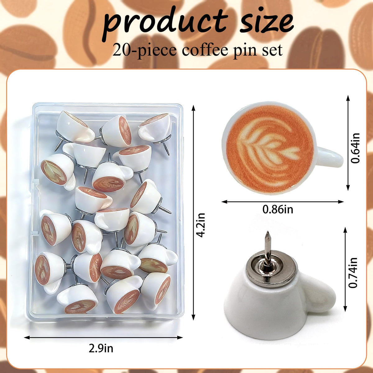 20 Pack Push Pins for Bulletin Board, Cute Push Pins Decorative Push Pin, 3D Coffee Latte Art Thumb Tacks with Storage Box for Cork Board, Office School Home Photo Wall Decor