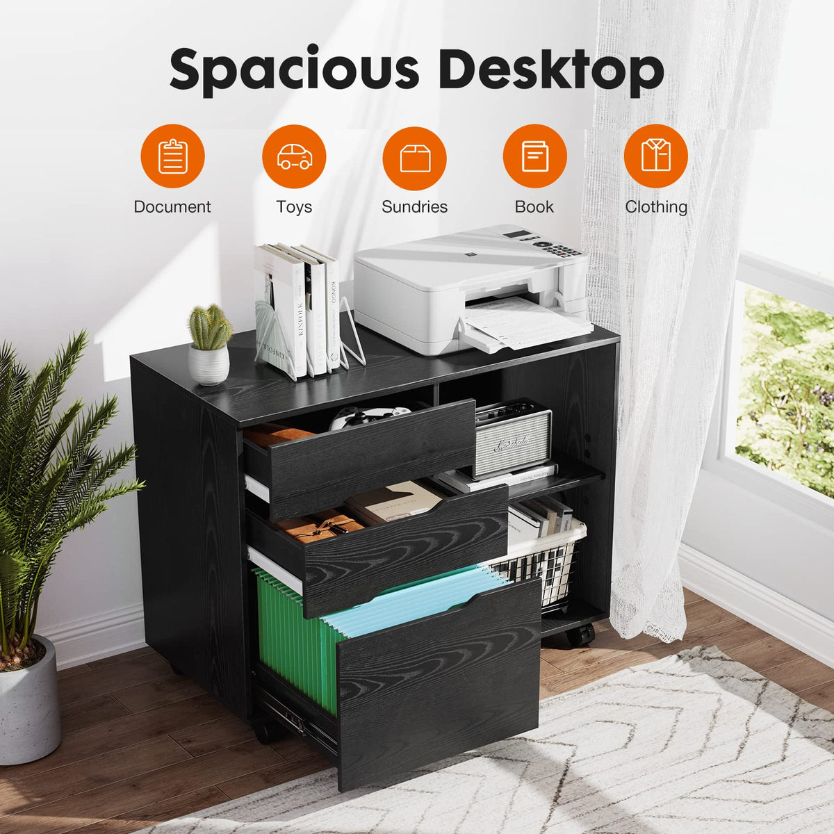 UOCFYK File Cabinet with 3 Drawers, Mobile Lateral Filing Cabinet with Open Storage Shelves for Home Office Under Desk Storage, Black