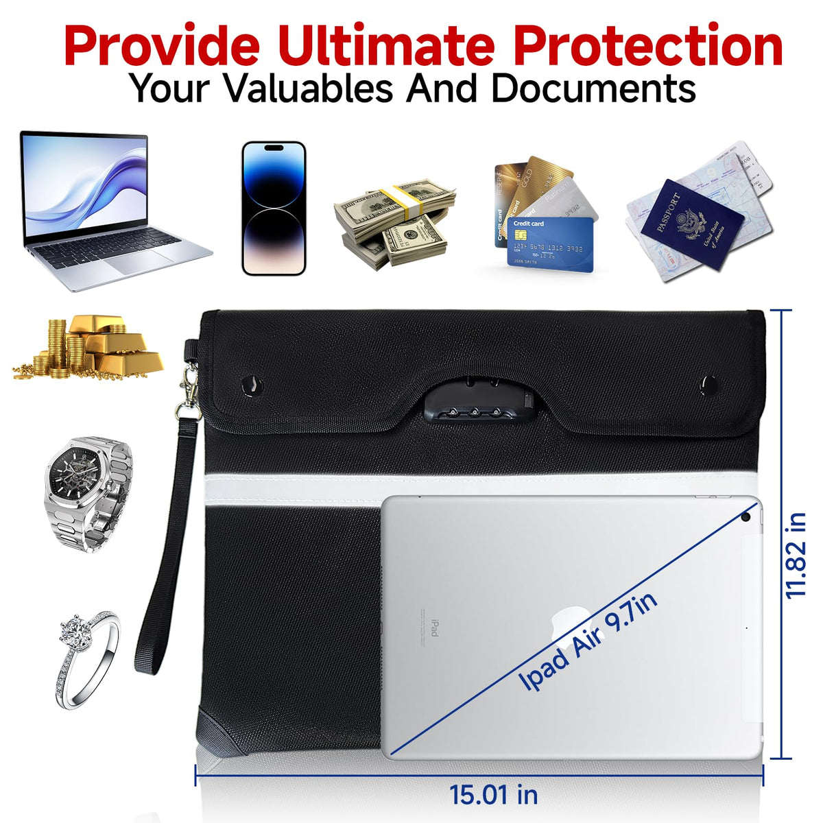 Upgraded 6500°F Fireproof Document Bag with Lock, Waterproof 9-Layer Heat Insulated | Dual-Liner Card Slot Money Bag with Zipper/Reflective Strip for Passport, Important Paper, Cash(15 x 12In)