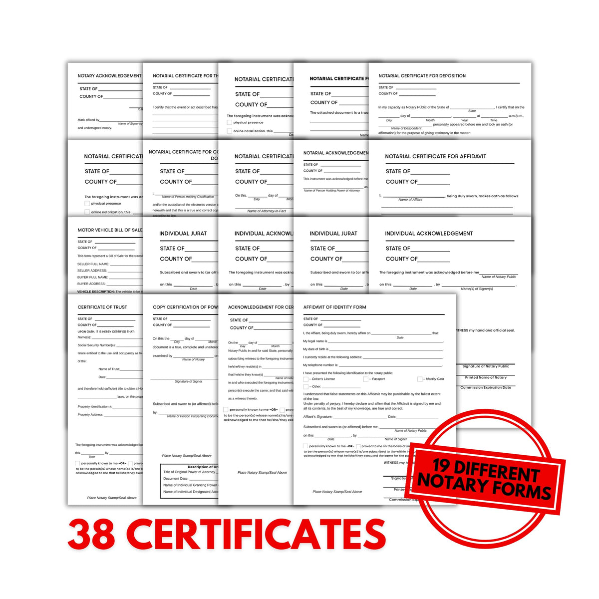 Notary Certificate Bundle 19 Different 8.5x11” Starter Legal Documents for Professionals to Notarize Notarial Legal Bill of Sale Jurat Affidavit POA