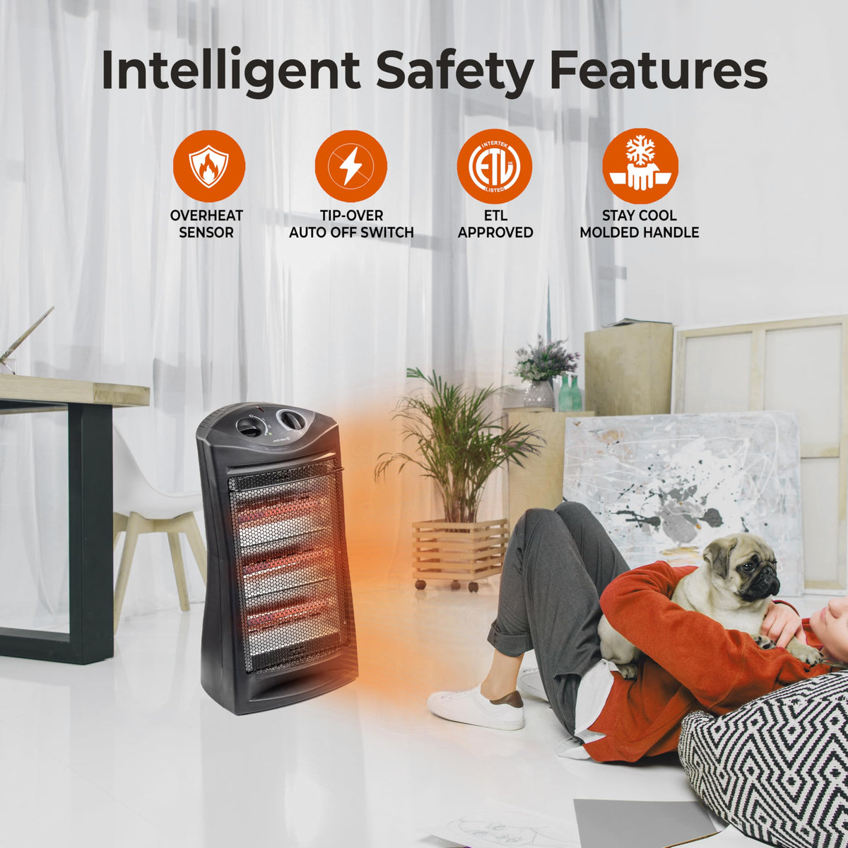 Comfort Zone Space Heaters for Indoor Use, Portable Electric Heater, Adjustable Thermostat, Infrared Heat, Quartz Tower Space Heater with 2 Heat Settings, Bedroom Heater, Black