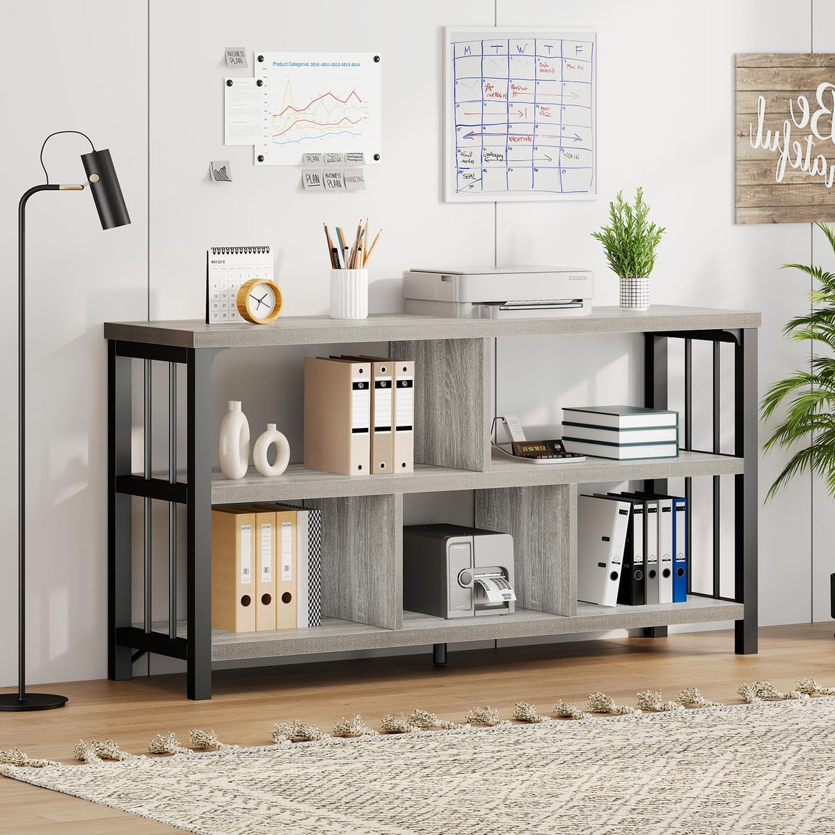 IBF Industrial Horizontal Bookshelf, Modern 5 Cube Storage Organizer Open Shelf, Low Wide Cubby Bookcase for Home Office Living, Wooden Metal Short Book Shelf Bedroom Storage, Light Grey Oak, 47 Inch