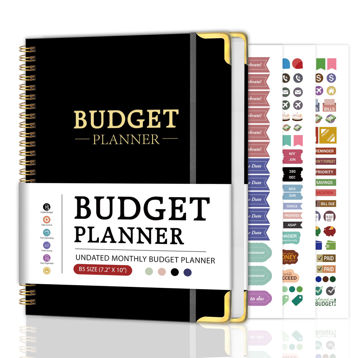Budget Planner - Monthly Budget Book B5, Undated 12 Month Expense Tracker Notebook with Metal Corner Protectors & Bill Organizer, Hard Cover Financial Account Book for Women Men Home Business, Black