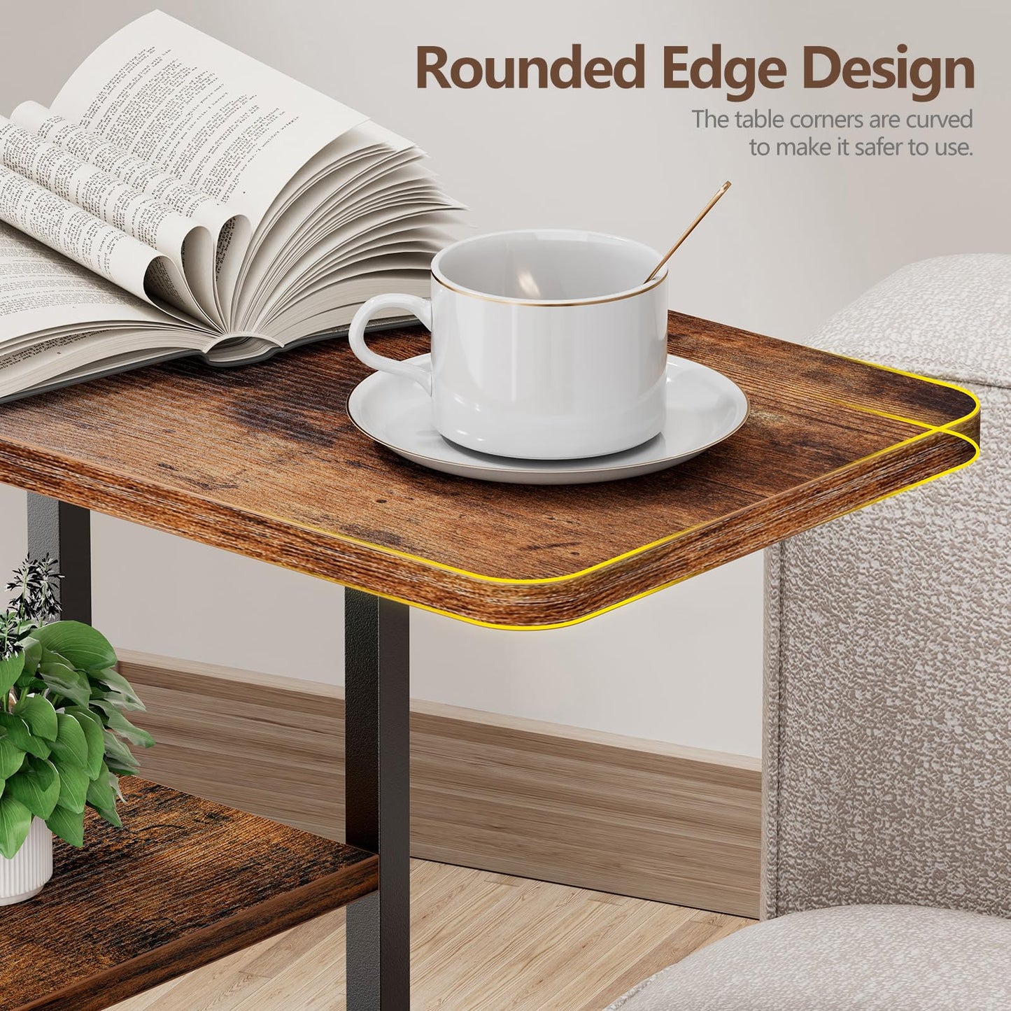 Yuede C Shaped End Table, Small Side Table for Couch, Recliner, Slide Under Sofa Tray Desk Snack Tables with Storage Bag for Living Room,Bedroom, Small Spaces - Rustic Brown