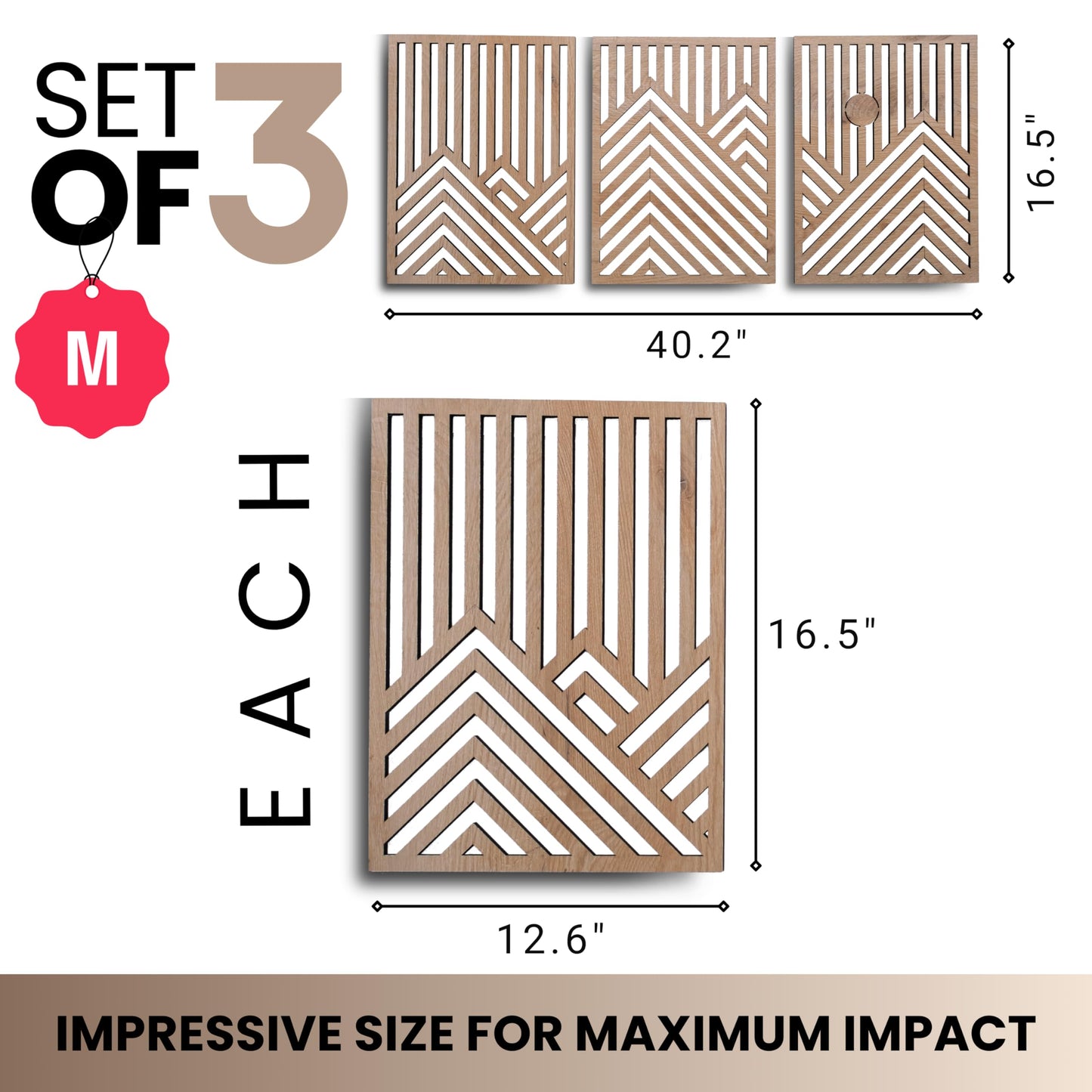 qmmp Modern Wooden Wall Sculptures - Set of 3 - Home Decor Accent - Large Wall Art for Living Room, Bedroom, Office - Easy Installation (Oak, Medium - Mountain and Sun)